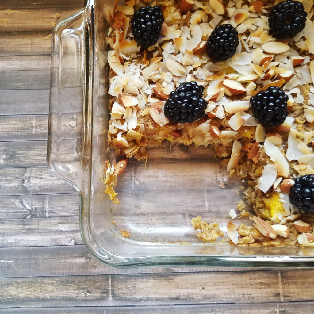 Mango blackberry coconut baked oatmeal