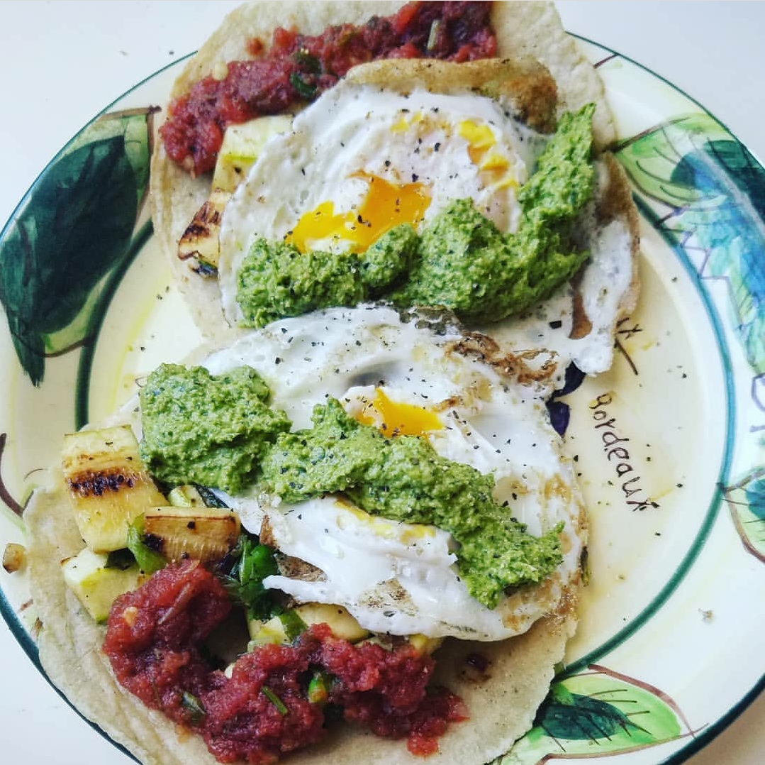 Egg, Zucchini, and Pesto Tacos