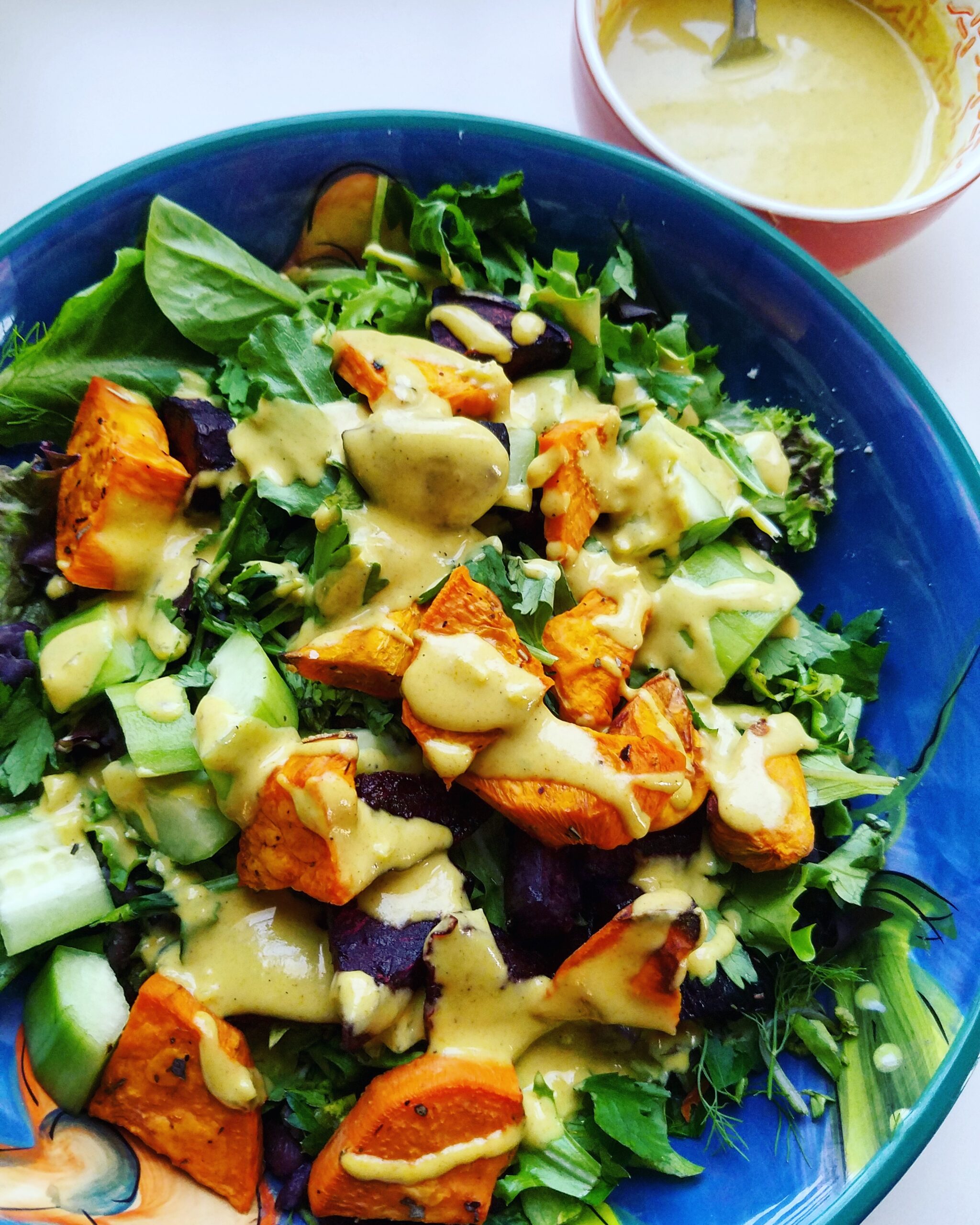 Sweet Potato and Cucumber Salad with a Curried Tahini Dressing